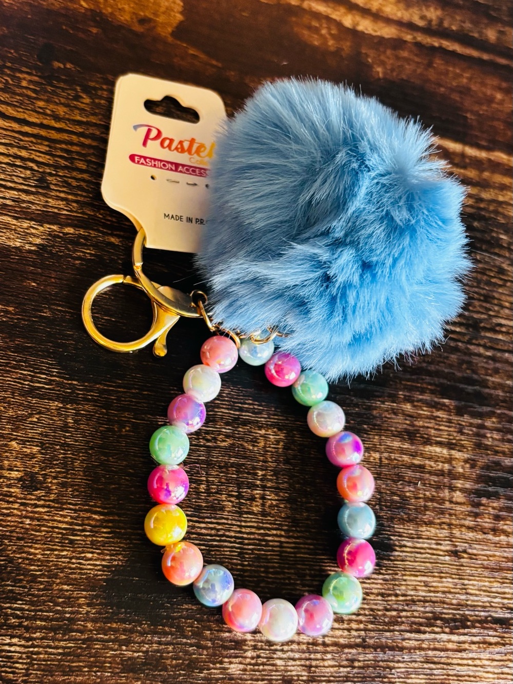 Pastels Light Blue Pom-Pom Beaded Wrist Keychain with Multicolor Beads‎